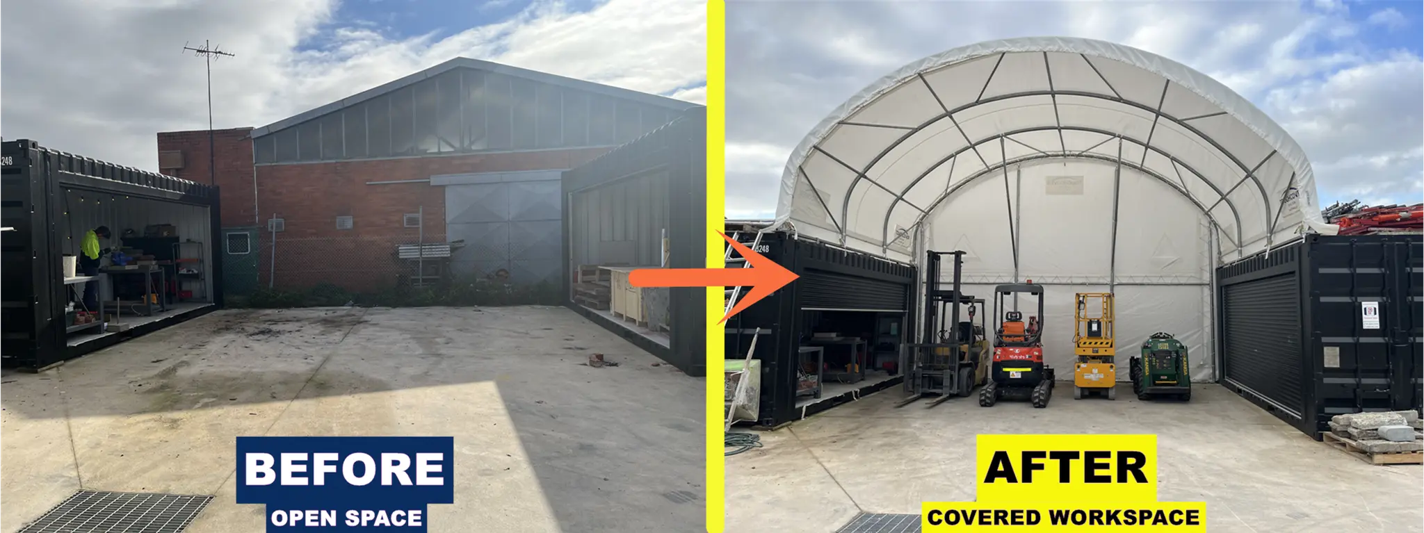 Before and after TS806 8m container dome installation between two 20ft shipping containers Before and after TS806 8m container dome installation between two 20ft shipping containers
