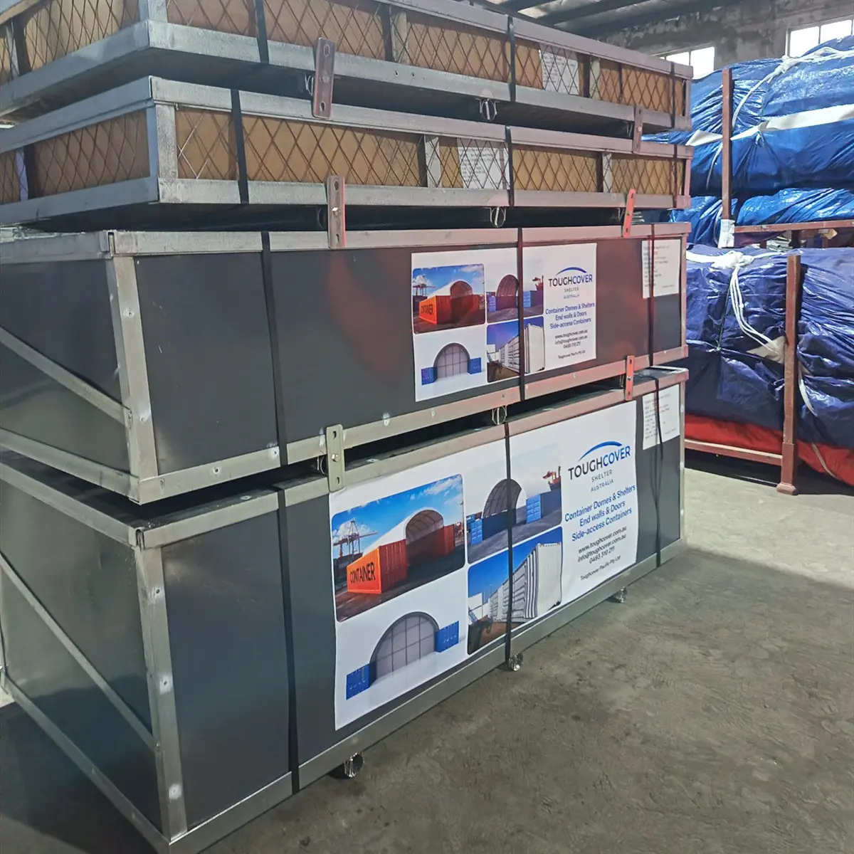 Completed Toughcover container dome shelter kit in steel crate ready for shipment to Melbourne warehouse